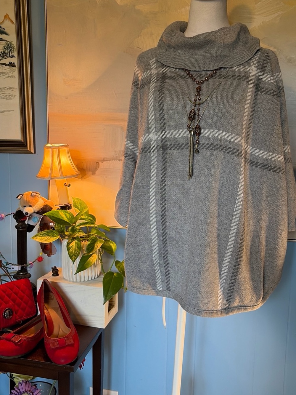 LOFT Gray and White Plaid Cowl Neck Sweater